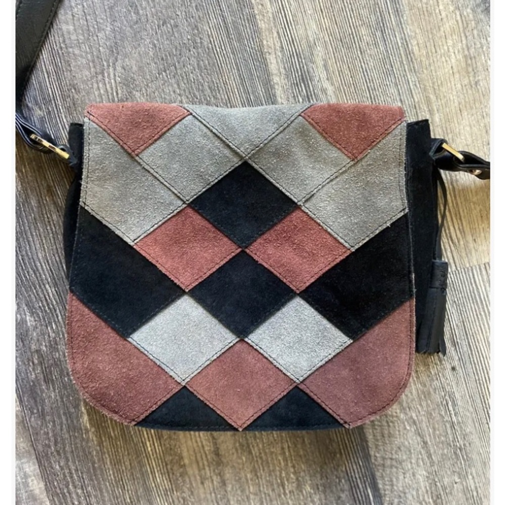 BRAMPTON LONDON CROSSBODY SUEDE LEATHER FLAP DIAMOND PATCHWORK BLACK